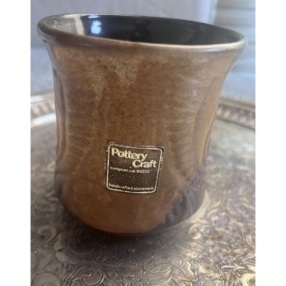 Rare Vintage Pottery Craft USA Large Coffee Mug 3D Flower Brown Black Glazed Cup - Picture 2 of 7